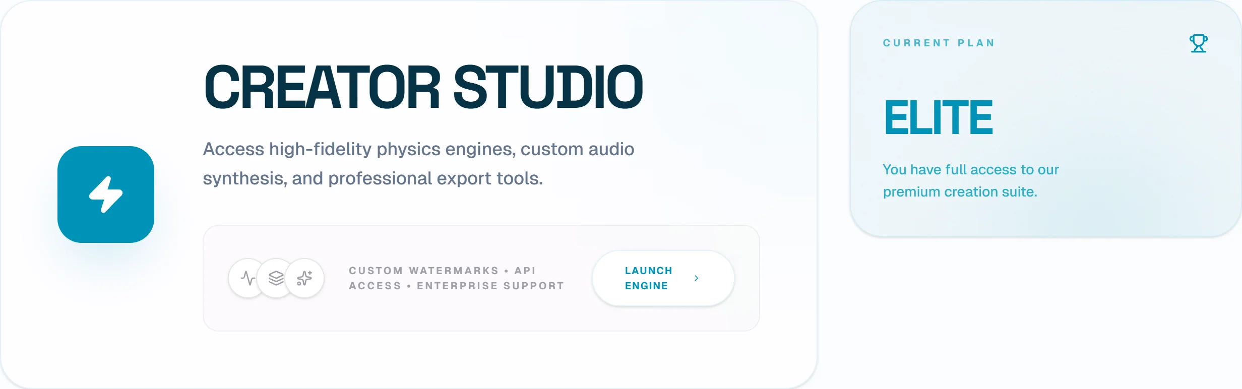 The dashboard showing the plan badge and the Launch Engine button into the Studio
