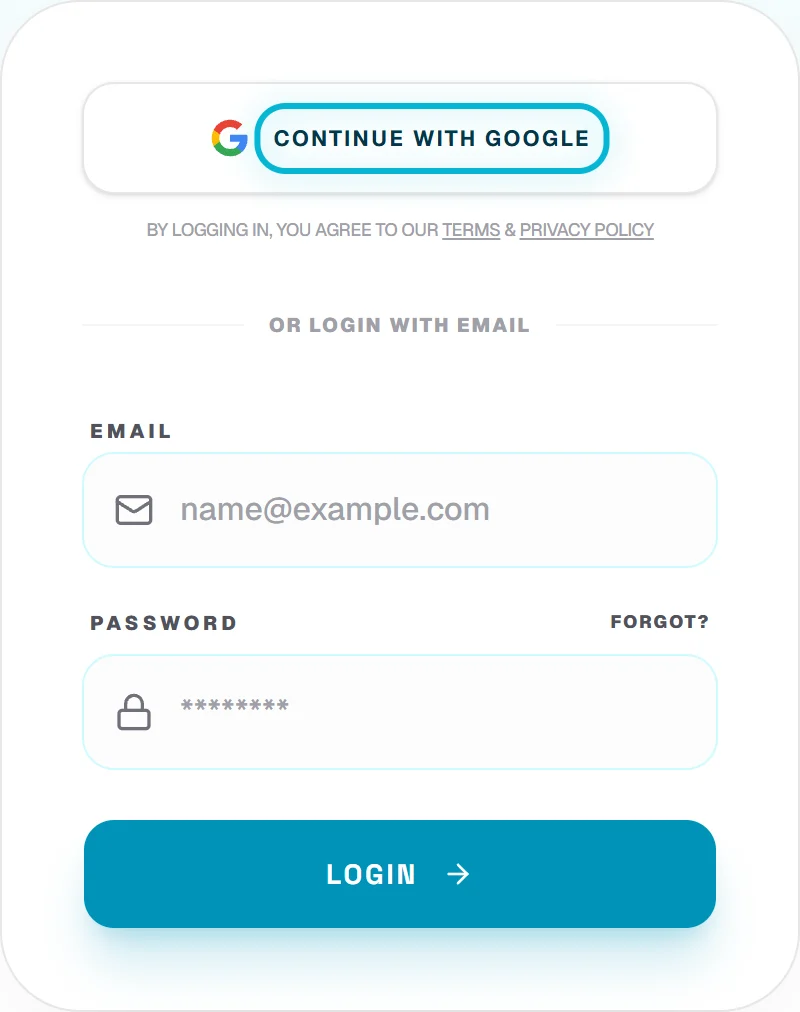 The login page with email and password fields and a Continue with Google button