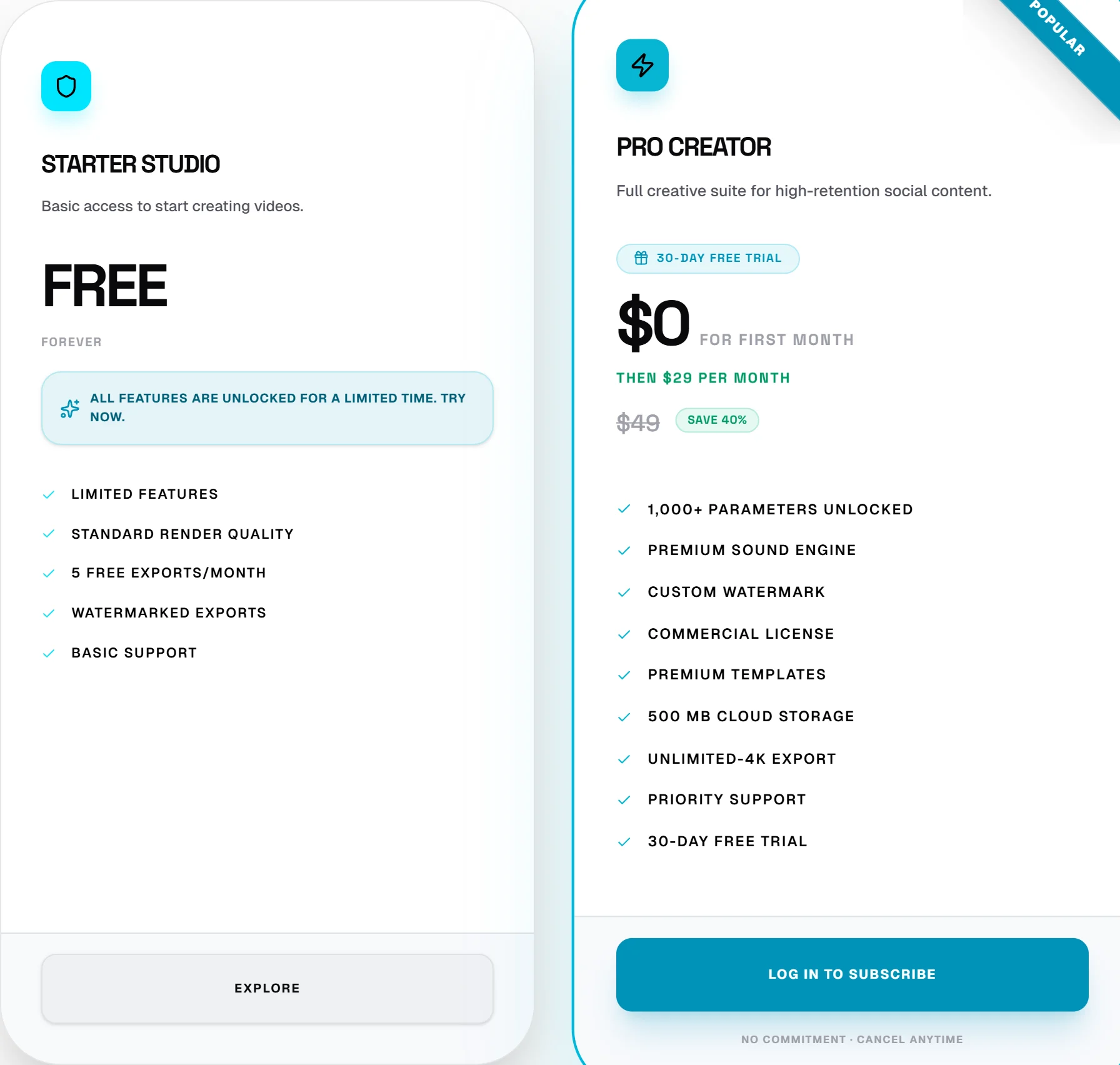 The Plans page showing the Starter, Pro Creator, and Studio Elite pricing cards