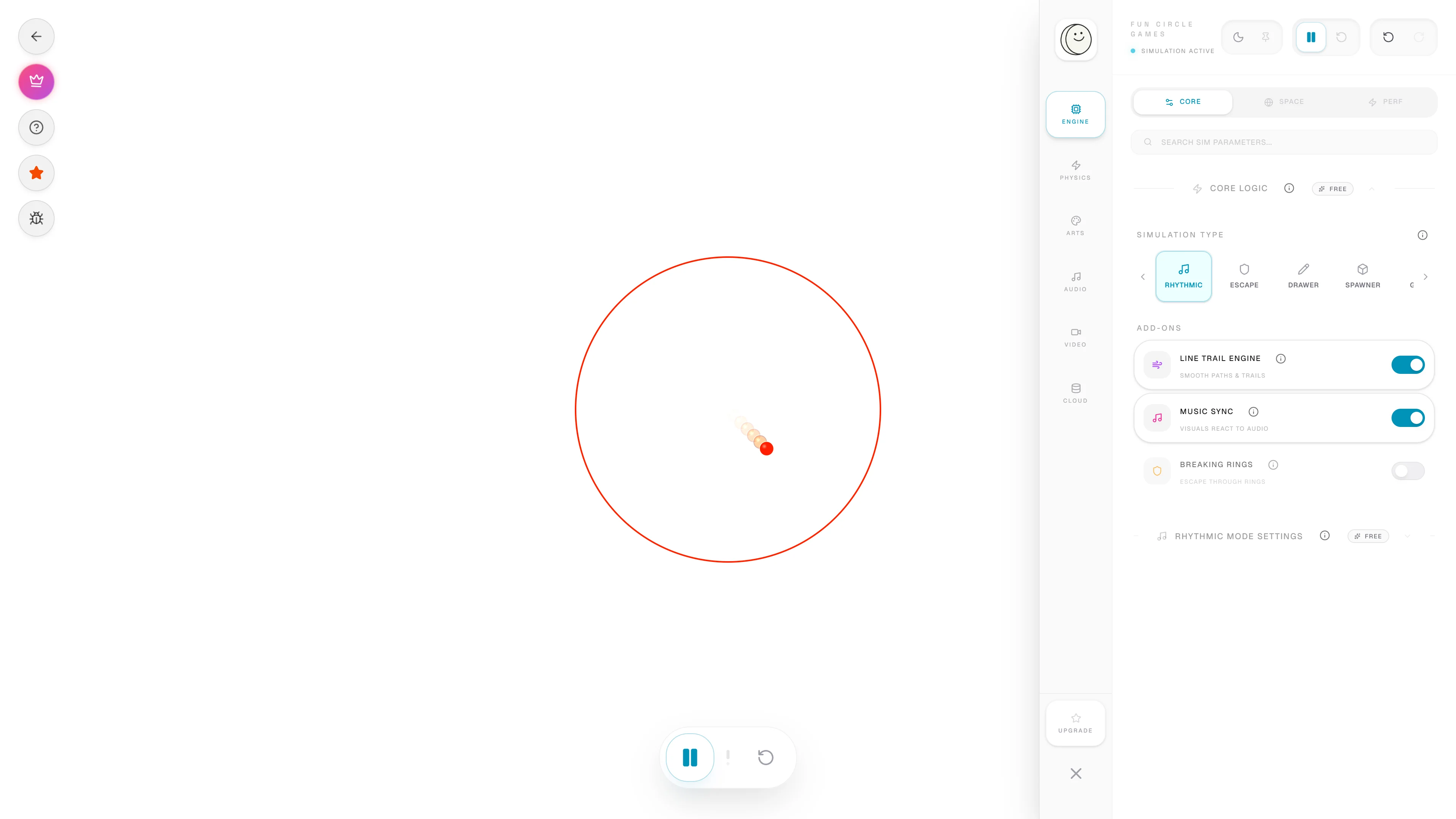 The Creator Studio with the live simulation canvas on the left and the settings panel on the right